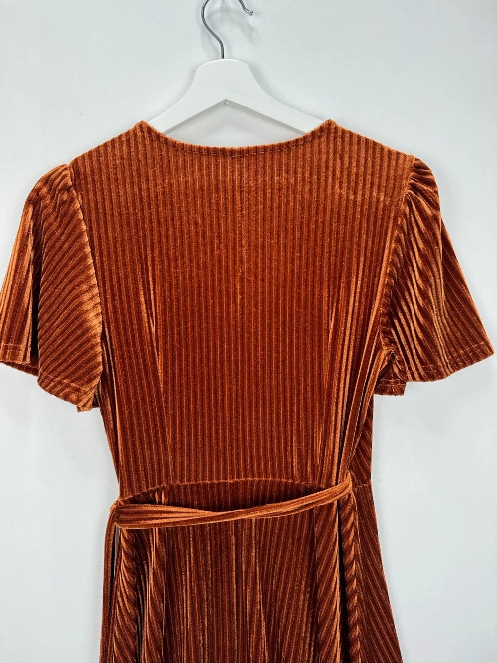 Women’s Burnt Orange Velvet Wrap Midi Dress XS Pleated Short Sleeve